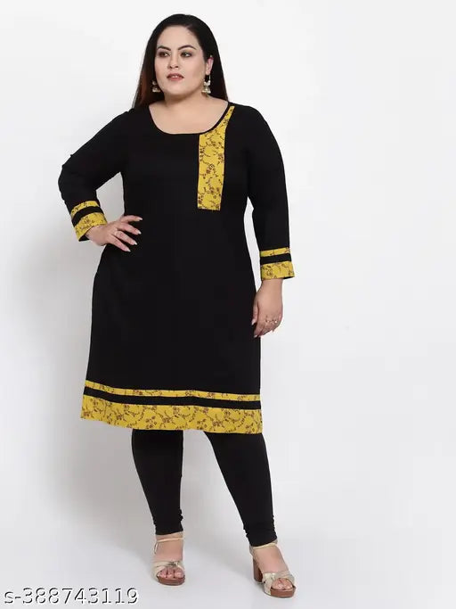 FAZZN Plus Size and Black A-Line Knee Length Rayon Kurti with Round Neck and Full Sleeves
