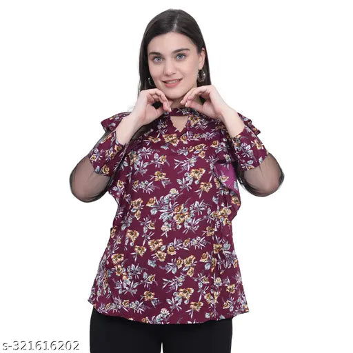 Nature Craft Maroon Poly Crepe Floral Printed Full sleeve Women Tunic