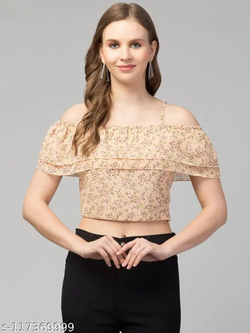 Women Girls Casual Off-Shoulder Floral Frill Top