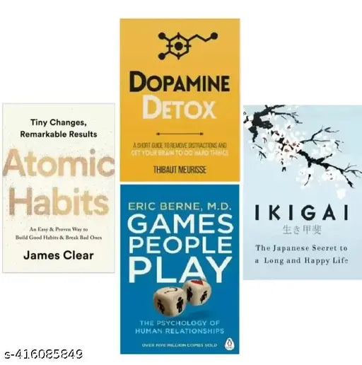 4 Selp Help Books Combo :- Atomic Habits + Dopamine + Game People Play + Ikigai (English  Paperback  James Clear  Thibaut Meurisse   Eric Berne  Hector Garcia)