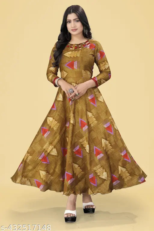 Ashima Designer Brown Color Key Neck Rayon Pattern Long Anarkali Full Flared Kurti