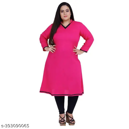 FAZZN Plus Size Customizable Knee Length Pink Rayon Kurti with V Neck