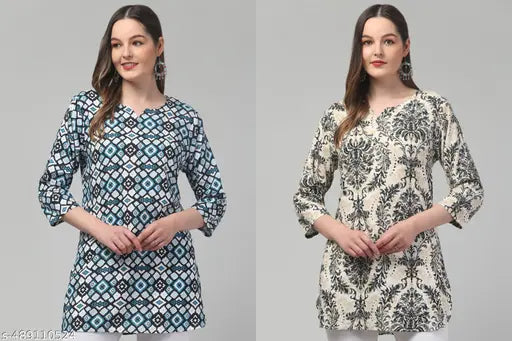 Women printed multicolour 3/4 sleeve rayon short kurti pack of 2