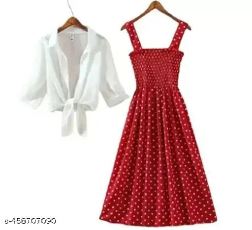 Nature Craft Women Stylish and Trendy Polka Stripe White Shrug Smoking Red Dress for women