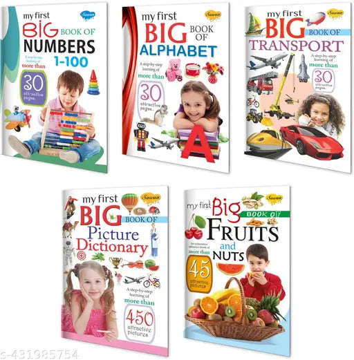 My First Big Book of Numbers  Alphabet  Picture Dictionary  Transport and Fruits and Nuts books for kids : Learning books for kids  Big Picture Books for Children  Big picture learning books for kids - Set of 5 books for kids.