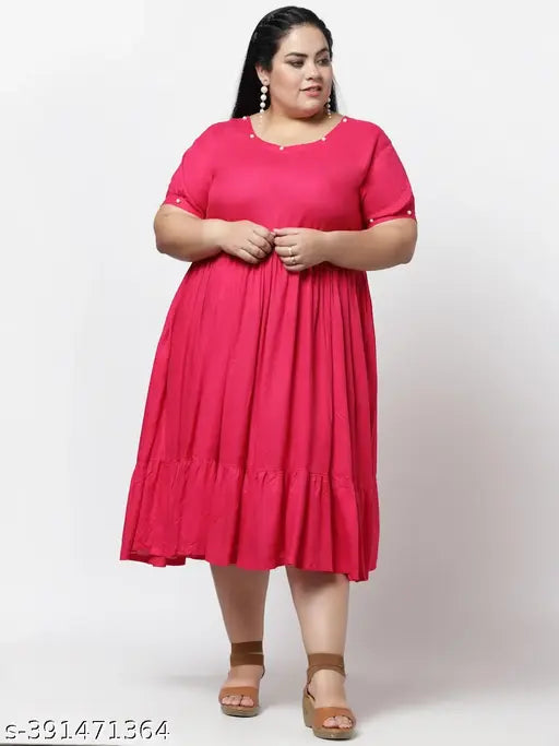 FAZZN Plus Size Pink Solid Rayon Knee Length Round Neck Half Sleeve Dress with Customization