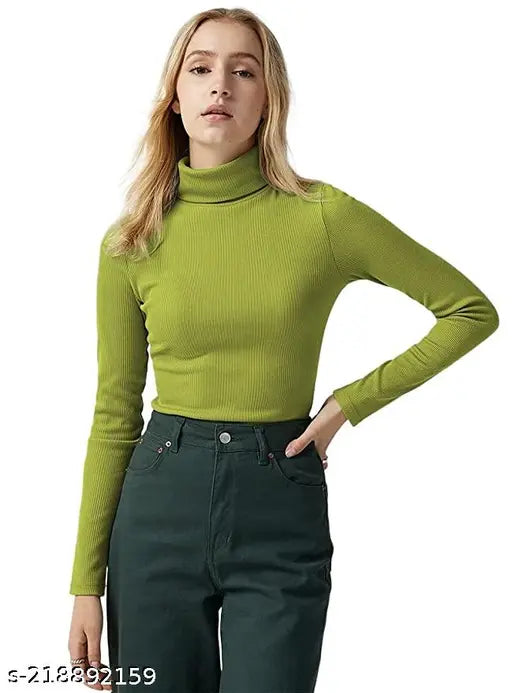 Women Casual Wear High Neck Full Sleeve Cotton Blend Ribbed Top