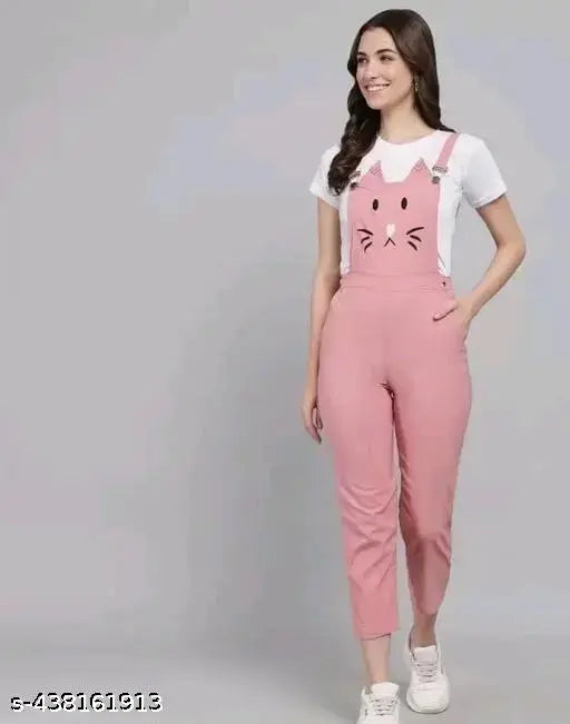 Nature Craft Pink Cotton Cat print  Dungaree for women