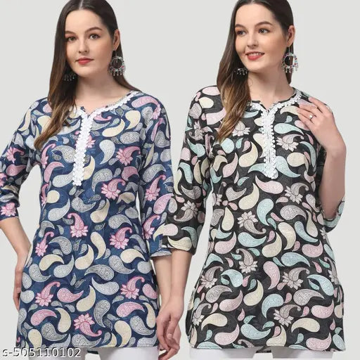 Women printed multicolou rayon embroded short kurti pack of 2