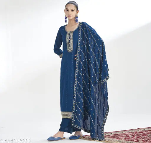 Turritopsis Women's Silk Embroidered Kurta and Pant with Dupatta