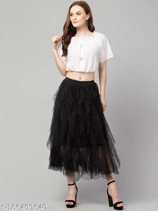 Women Flared Solid Mesh Skirt