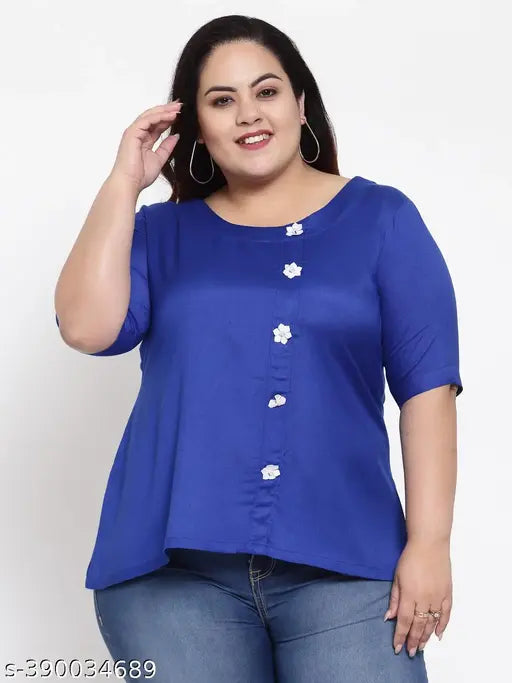 FAZZN Plus Size Blue Rayon Round Neck Half Sleeves Top