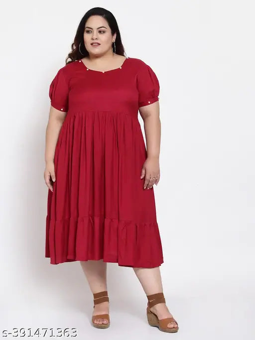 FAZZN Plus Size Customizable Knee-Length Round Neck Half Sleeves Solid Rayon Dress