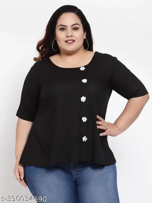 FAZZN Plus Size Black Rayon Round Neck Half Sleeves Top