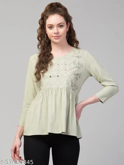 Women Girls Embroidered Cotton Pleated and Gathered Solid Empire Kurta Green Top