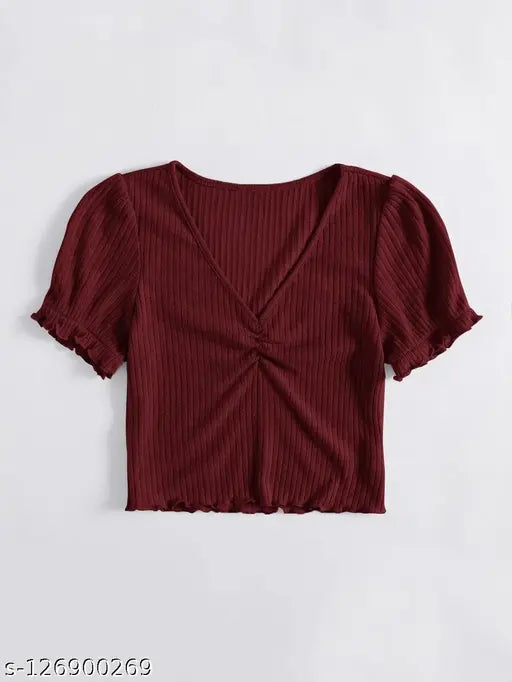 V-Neck Rouched Puffed Half Sleeve  Ribbed Crop Tops & Tunics