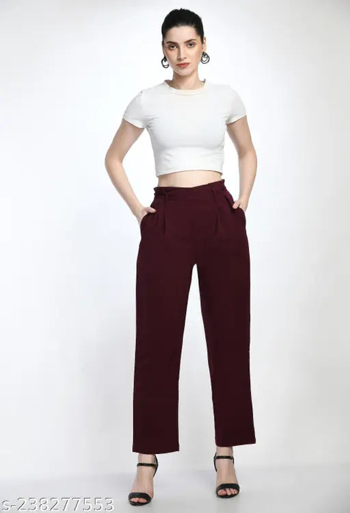 Women High Rise Paperbag Waist Solid Trouser
