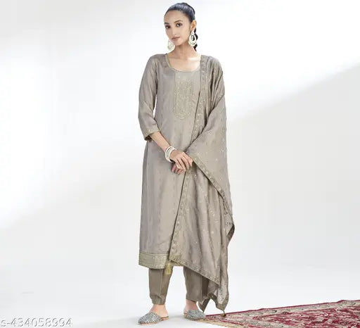 Turritopsis Women's Silk Embroidered Kurta and Pant with Dupatta