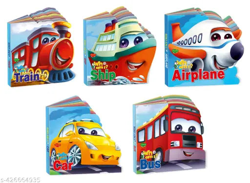 Train  Ship  Airplane  Car and Bus Who Am I' Die-Cut Shape Board-Books : Transport die-cut board books for kids  Board books for kids  Die-cut books for kids - Combo of 5 learning board books.