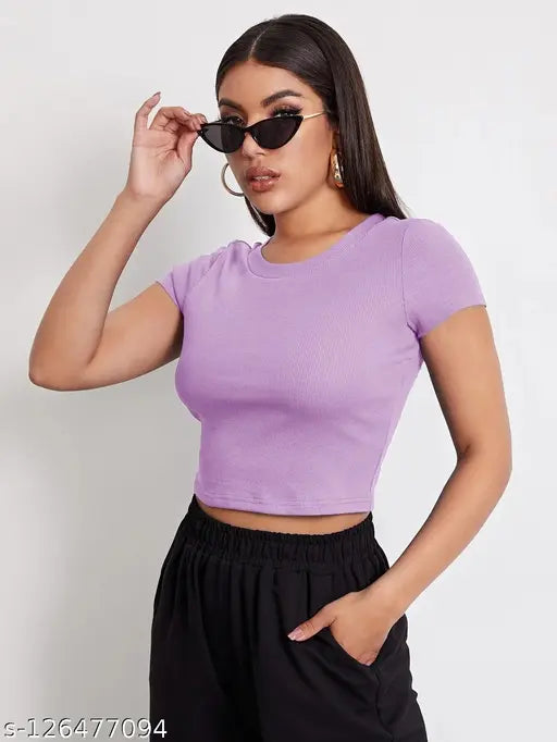 Women Round Neck Half Sleeve Casual Crop  Ribbed Top