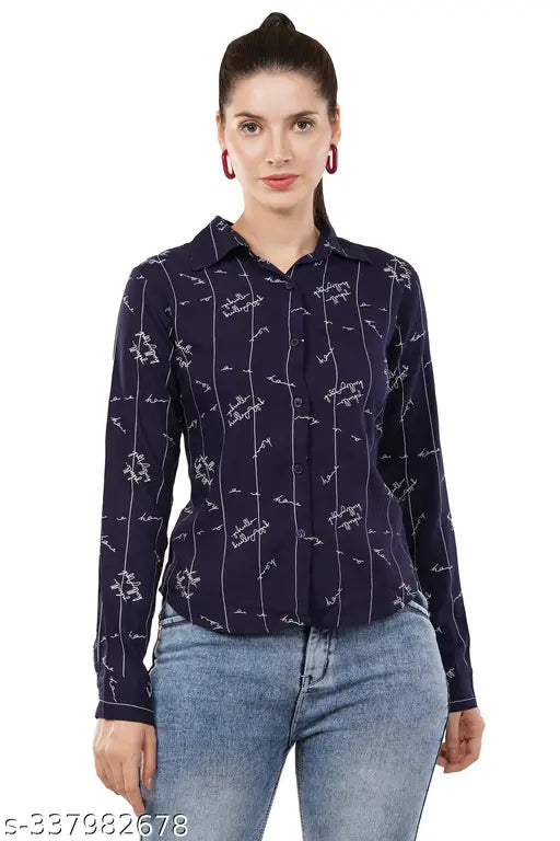 Women  Typography Printed Shirt / Women Regular Fit Printed Curved Collar Casual Shirt
