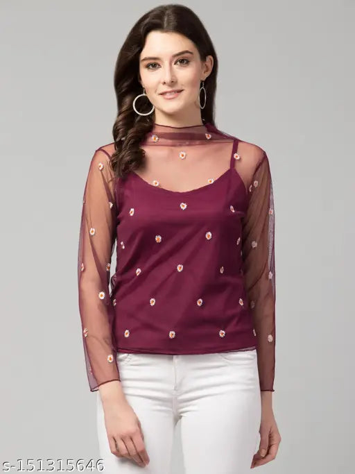 Stylish Embroidered High Neck Mesh Top