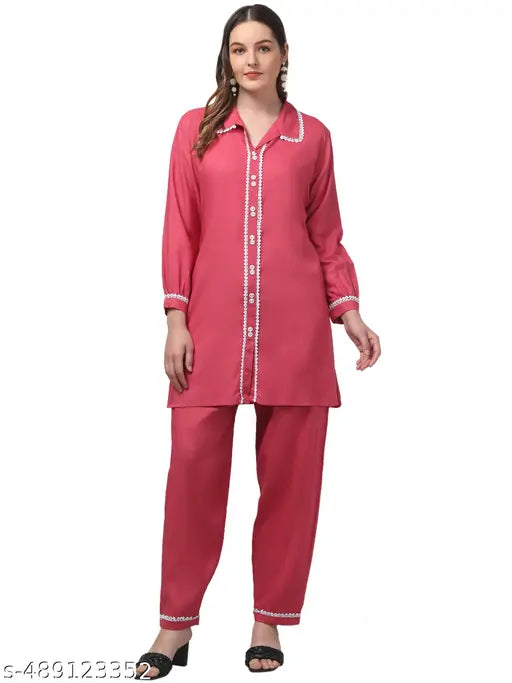 women solid full sleeve western kurti with pants set