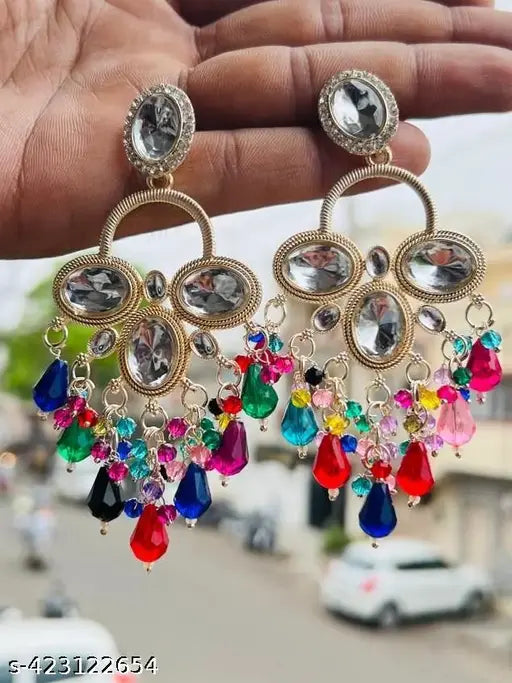 Stone-Studded Pearl Dangler Earrings