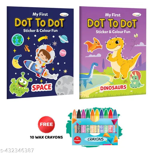 My first Dot to Dot Sticker & Colour Fun - Space and Dinosaurs with 10 Wax Crayons : Colouring with sticker book  Kids colouring Book  Children’s Fun Coloring book - Pack of 2 Colouring Books