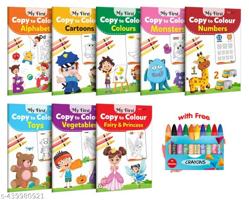 My First Copy to Colour - Alphabet  Cartoons  Colours  Monster  Numbers  Toys and more with 10 WAX CRAYONS : Colouring book for toddlers  Colouring set for children - Pack of 8 Colouring Books