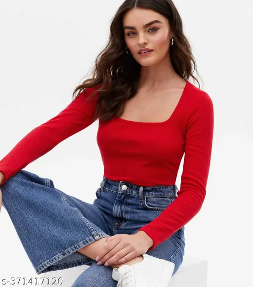 Redamancii Square Neck Full Sleeve Casual Ribbed Top for  Girls and Women