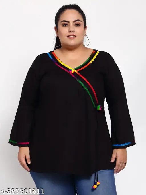 FAZZN Plus Size Black Rayon Surplice Full Sleeves Top