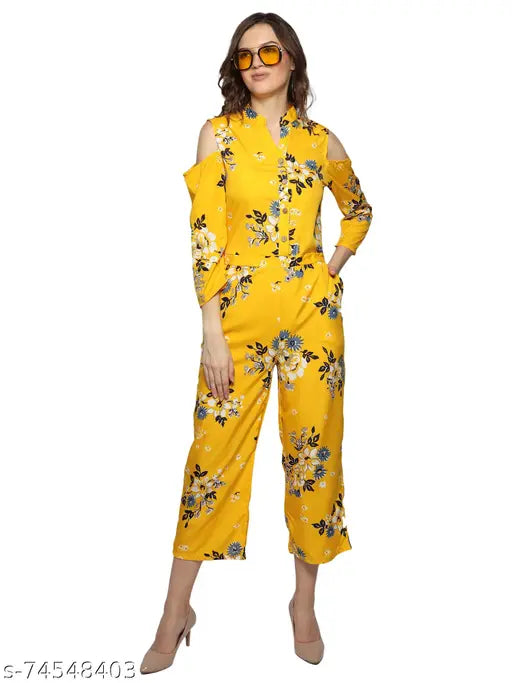 Nature Craft Cold Shoulder Floral Printd Shirt Type Jumpsuit With Shirt Collar