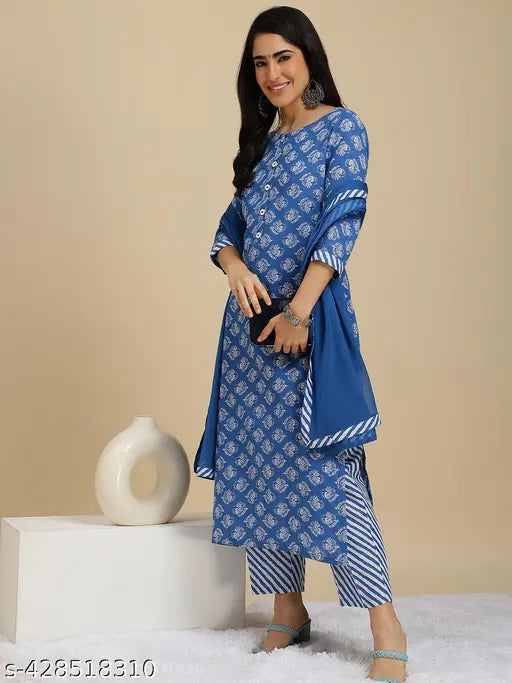 Women's Poly Cotton Kurta Pant Dupatta Set