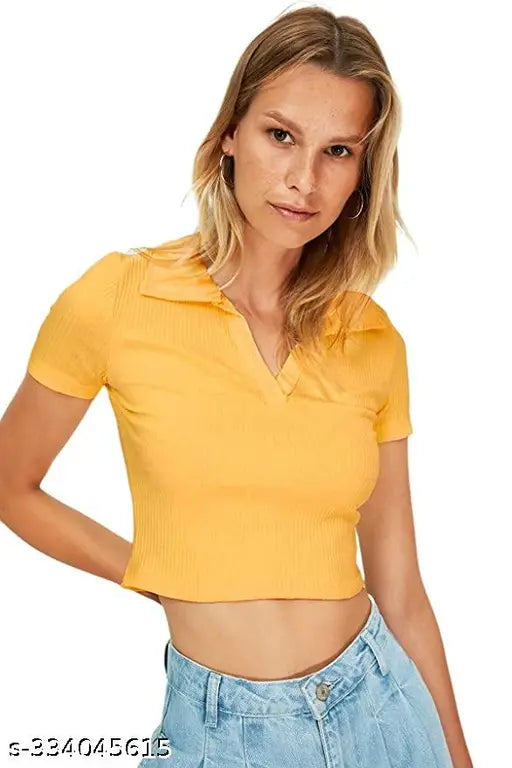 Women Casual Wear Polo Collar Neck Half Sleeve Cotton Blend Ribbed Top for girls and women