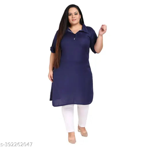 FAZZN Plus Size Blue Rayon Collared Solid Kurti