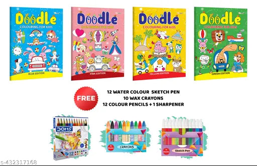 Doodle Colouring for kids - Blue  Pink  Yellow and Green Edition with 10 wax crayons  12 water colour sketch pen and 12 colour pencil + Sharpner : Fun Learning Coloring Book  Kids colouring book  Coloring Book for Preschoolers - Pack of 4 Colouring Books
