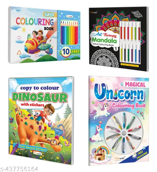 Super Colouring Book With 10 Pencil Colors  Art Therapy Mandala Adult Colouring Book-1  Copy to Colour Dinosaurs with Stickers and Magical Unicorn Colouring Book With Crayons  - Combo of 4 Colouring Books