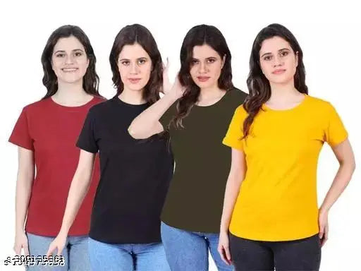 Women's Solid Round Neck Half Sleeve Combo T-shirts - Solid Plain Women's T-shirts Combo Pack of 4 Black  Maroon  Olive  Mustard Tshirts