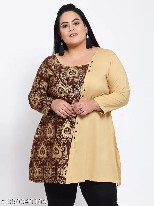 FAZZN Plus Size Beige Rayon Boat Neck Full Sleeves Screen Printed Top