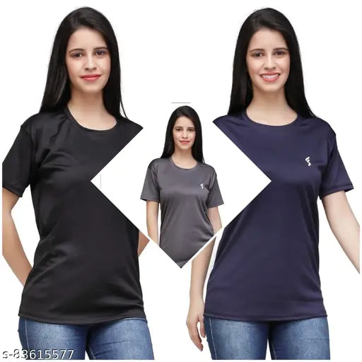 Women's Pack of 3 Multicolor Solid Gym Wear Tshirt -Sportswear