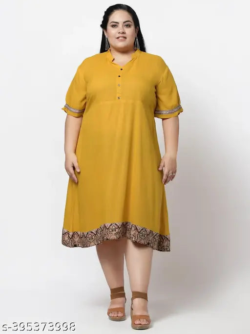 FAZZN Plus Size Customizable Yellow Digital Printed Rayon Knee-Length V-Neck Dress with Half Sleeves