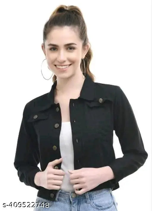 Nature Craft Black Denim Collar Neck Full Sleeve Women Solid Regular Jacket