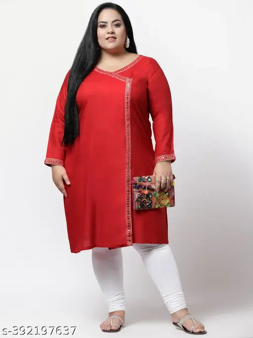 FAZZN Plus Size Rayon Angrakha Kurti in Red