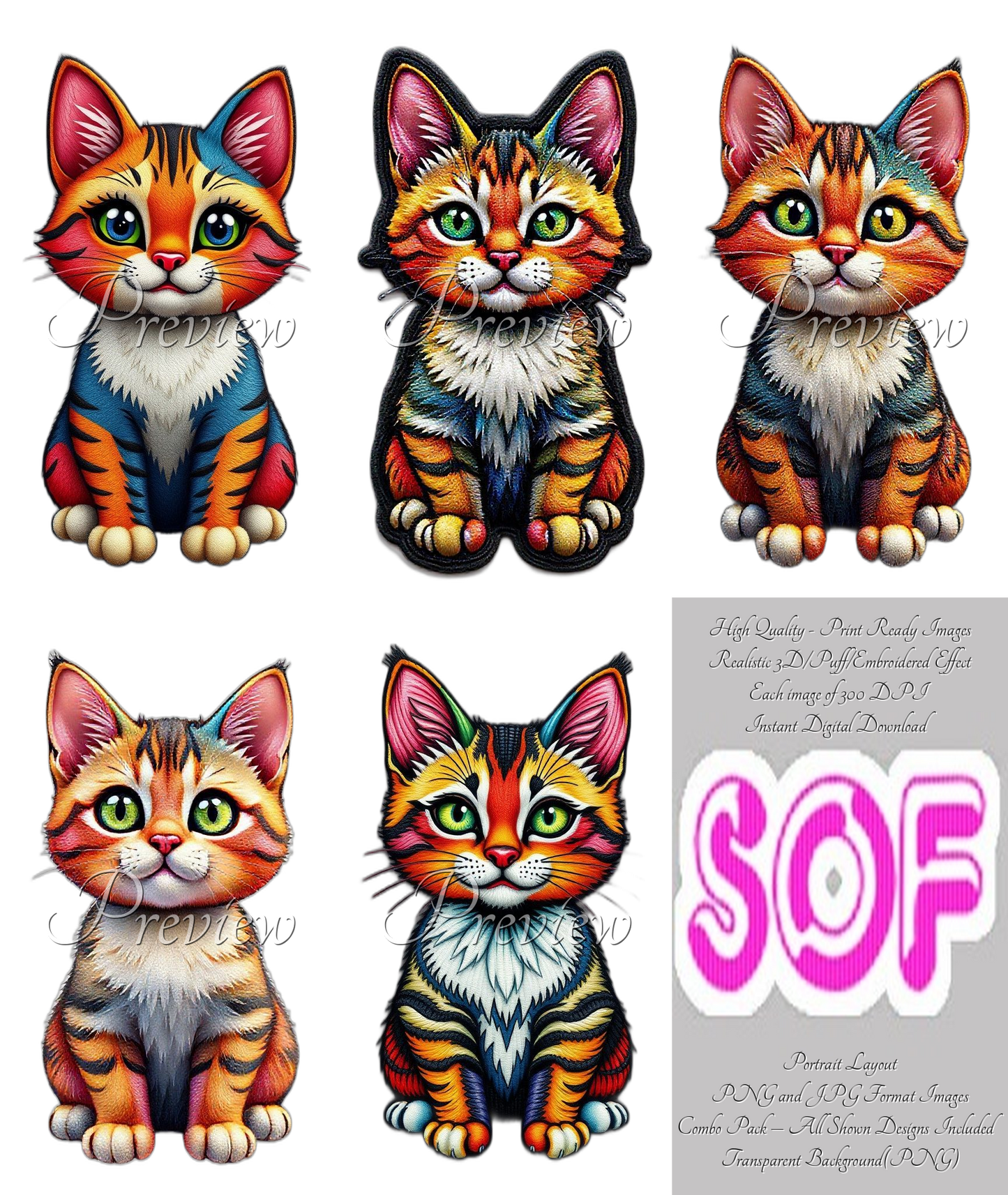 Cute Colorful Cat Theme Pack of 5 Digital Images | 300 DPI Printable Art | Images for Print on Demand