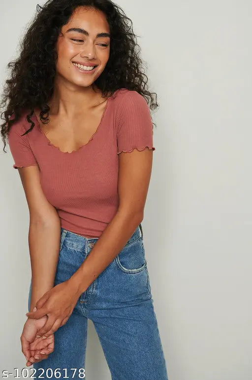 Deep Round Neck Babylock Short Sleeves Ribbed Top