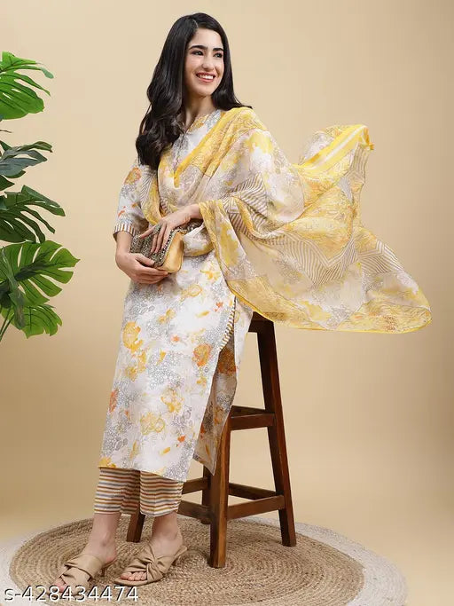 Women's Foil Print Kurta Pant & Dupatta Ethnic Set