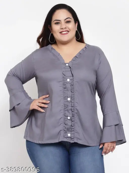 FAZZN Plus-Size Customizable Plunging Neck Full Sleeves Grey Rayon Top