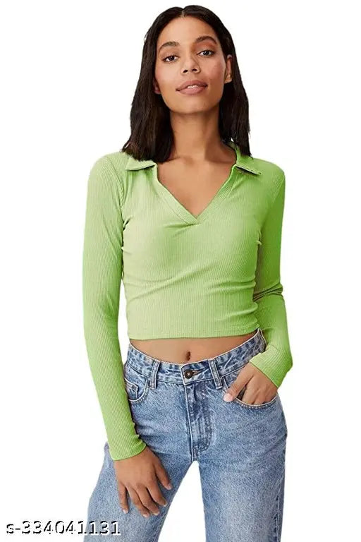 Women Sleveeless Polo Collar Ribbed Full Sleeve Solid Cotton Crop Tops & Tunics