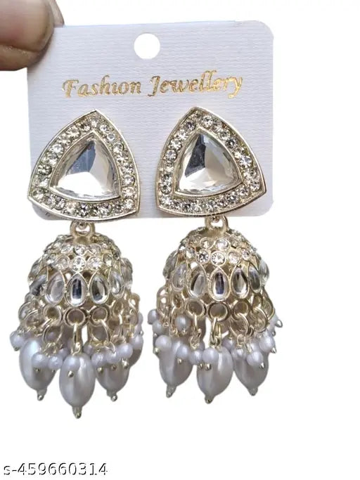 Silver Plated Jhumka Earrings - White Earrings 